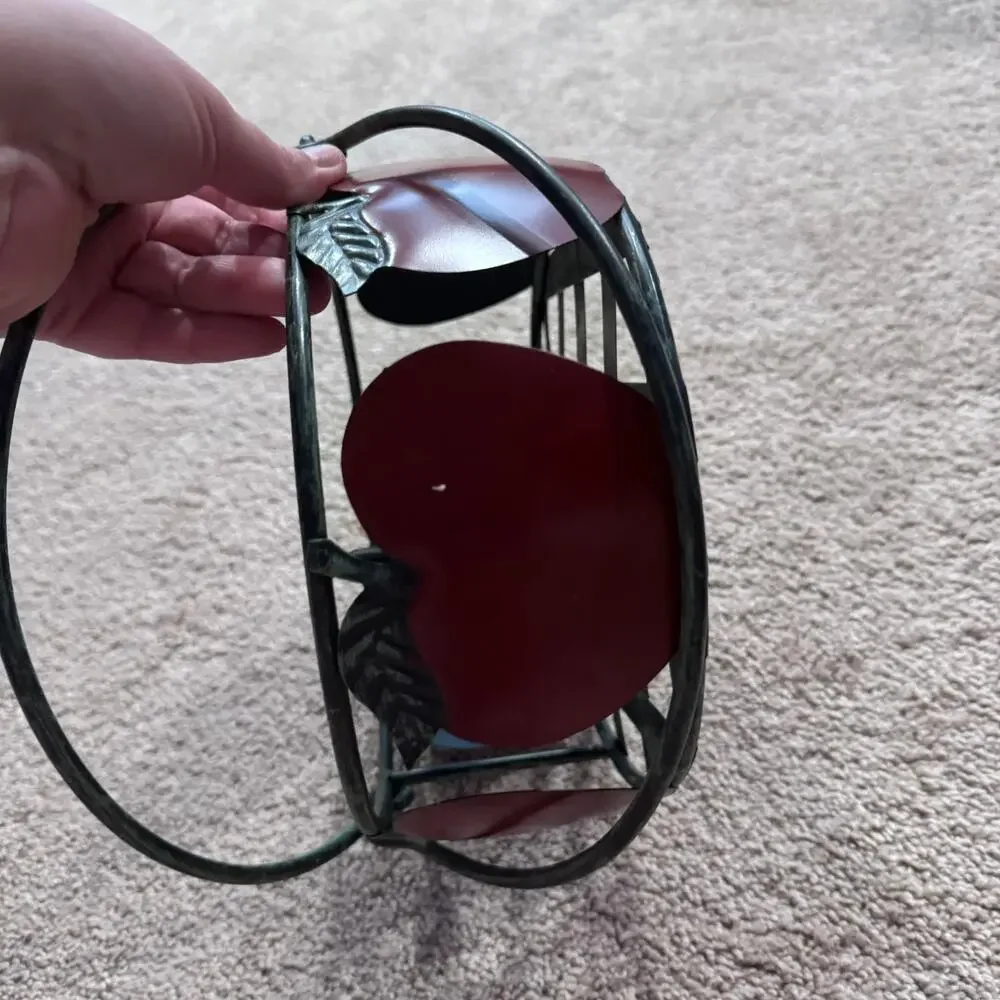 Vintage 90s Kitchen Green & Red Apples Wire Metal Basket Handles 1990s Storage